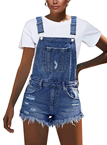luvamia Women's Ripped Short Overalls Adjustable Stretchy Denim Overall Shorts Romper Short Rompers And Jumpsuits For Women Shorts Overalls For Women Loose Fit Romper Shortsafter Dusk Blue Size Large