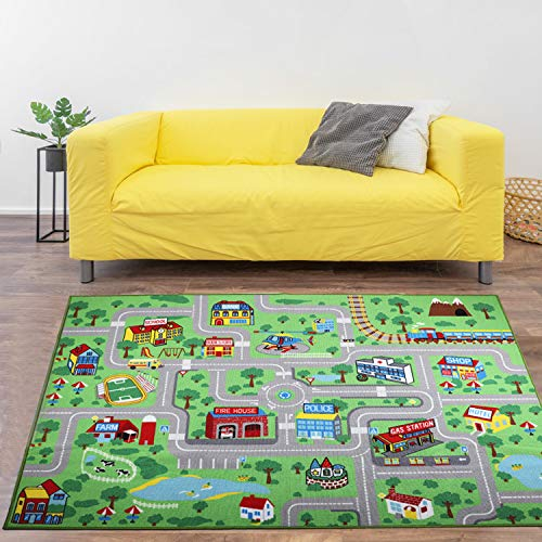 Yincimar Kinderteppich Spielmatte Teppich, 2 x 152 cm, extra groß, Stadtleben, Teppich, Lernmatte, pädagogischer Autoteppich, Spielteppich für Baby, Kleinkind, Jungen, Schlafzimmer, Spielzimmer