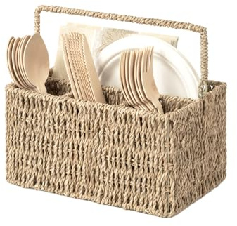 StorageWorks Wicker Flatware Organizer, Hand Woven Seagrass Cutlery Holder for Countertop with Handle, 1 Pack