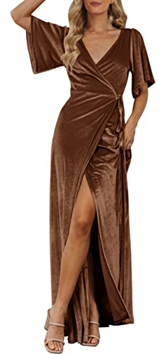 MEROKEETY Women's V Neck Wrap Velvet Maxi Wedding Guest Dress Bell Sleeve Split Bridesmaid Cocktail Party Formal Dresses, Brown, M