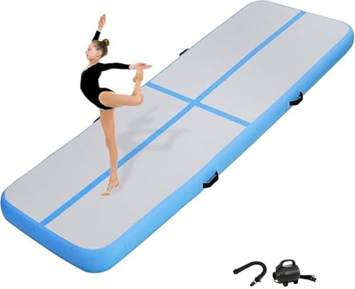 KIKILIVE 10CM Hoch Gymnastikmatte Tumbling Matte, 3M Aufblasbar Gymnastik Track Matte Air Turnmatte mit Luftpumpe Aufblasbare Sportmatte für Fitness/Outdoor/Yoga/Training usw Blue