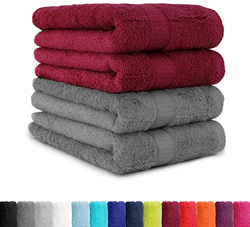 BaSaTex Frottee Handtücher Set 50x100, 100% Baumwolle Öko-Tex Made in Green, Handtuch Set 4er Pack Anthrazit Grau + Bordeaux