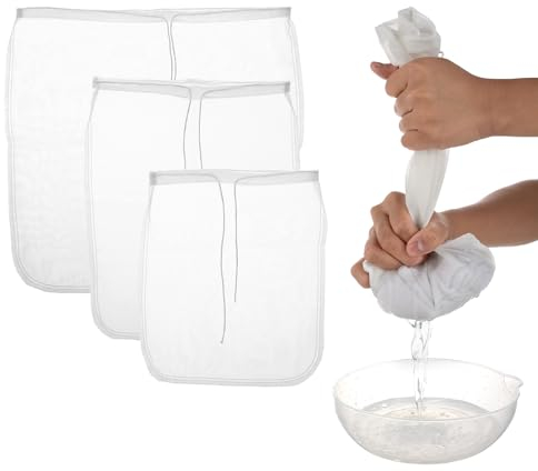 COMNICO Sacchetti per latte di noci, confezione da 3 sacchetti riutilizzabili in nylon per formaggio a maglia fine, per mandorle, soia, yogurt, caffè, tè, birra, sedano, succo, rete di nylon, 3 misure