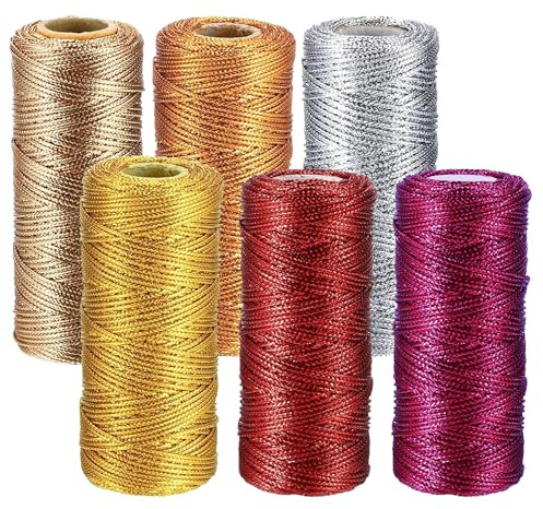 Yayatty 6 Rollos Cordón Metálico 100m Cordón Metálico Hilo 1.5MM Hilo de Navidad para Manualidades, Joyería de Bricolaje, Embalaje de Regalo y Decoración Navideña (6 Color A, 600m)