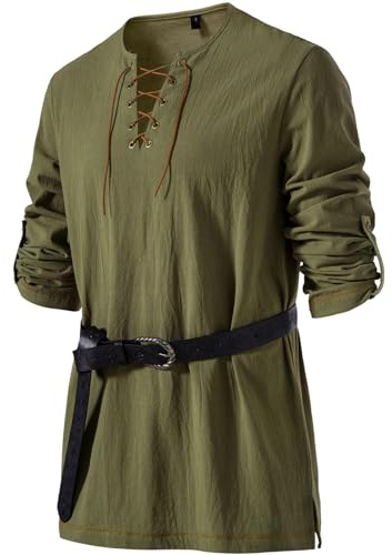 JEMITOP Men's Renaissance Costume Retro Lace Up Shirts for Pirate Viking Medieval Vampire Halloween Cosplay Without Belt Army Green XXL