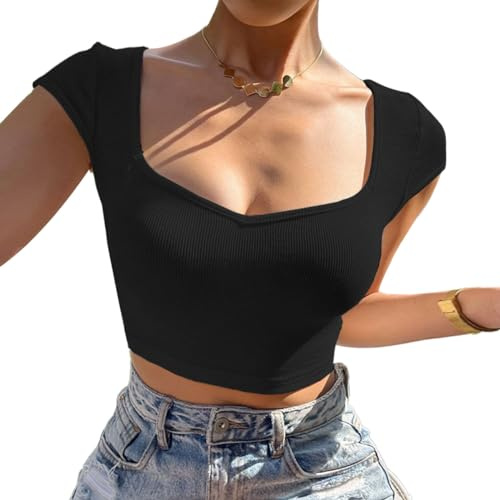 EMOTTOS Crop Tops T Shirt Donna, Top Corto Y2K Collo a V Manica Corta, Senza Schiena Maglia Scollata Basic Crop Top Aderente Slim Fit Sexy Estate, Nero S