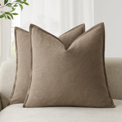 Foindtower Pack of 2, Decorative Linen Soild Throw Pillow Covers Soft Accent Cushion Case Boho Farmhouse Neutral Pillowcase for Chair Couch Sofa Bedroom Living Room Home Decor 16 x 16 Inch Light Brown