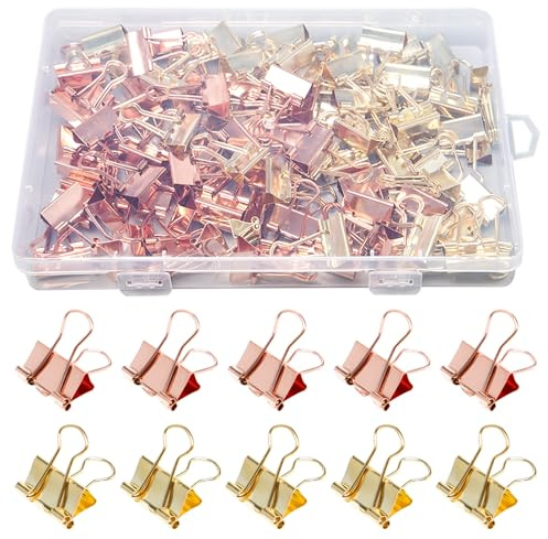 Sxutop 100 Pezzi 19mm Clip Fermacarte Raccoglitore Fermagli Oro e Oro Rosa Fermagli Clip Cancelleria in Metallo Molle Fermacarte Piccole Multifunzione Clip Binder per Fogli,Documenti e Cartelle
