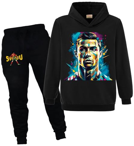 Xpialong Boys Girls Ronaldo Football Fans for Kids Football Hoodie+Pants Cotton Tracksuit Set (Black,7-8 Years,7 Years,8 Years)