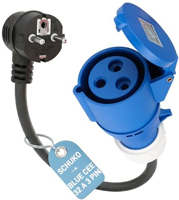 RamTouch Adattatore CEE Spina Schuko a Presa CEE Blu 32A 3 Poli (50 cm, IP44, Max 16A, 3G2,5 mm²) - per Caricatori per Auto Elettriche, Wallbox Portatili e Stazioni di Ricarica Mobili da 7,4 kW