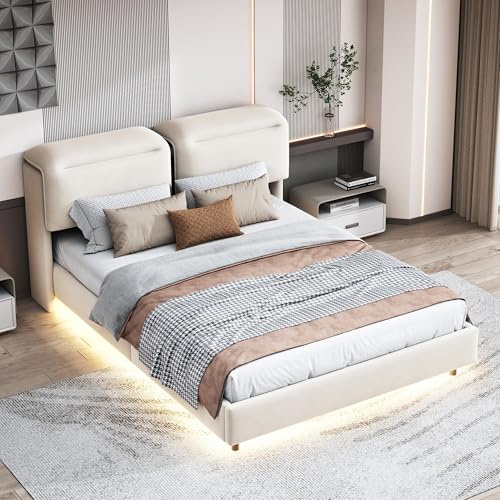 Cama doble de 140 x 200 cm con cabecera plegable, cama tapizada con somier de láminas de madera, con espacio de almacenamiento, cama flotante con tira luminosa LED, lino, sin colchón (beige, 140 x 200