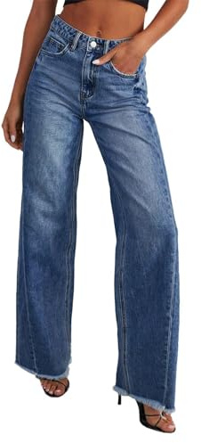 Vaqueros Mujer Cintura Alta Anchos Pierna Ancha Curvy Pantalones de Denim Baggy Elásticos Elegantes Jeans Pierna Recta Vintage Casual con Bolsillos Pantalones Cómodos de Palacio Moda Clásico Hip Hop
