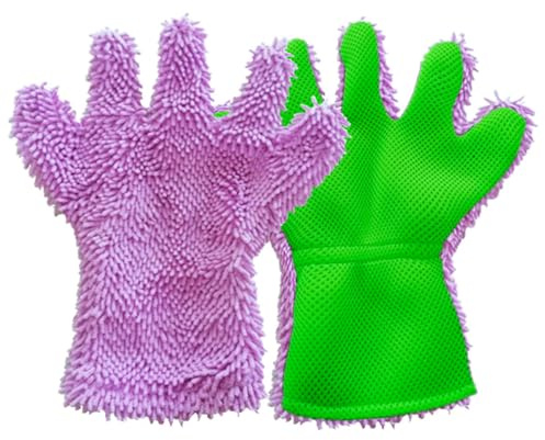 BE-TOOL Viola + Verde 1 Coppia Guanti da Lavaggio Auto in Microfibra a 5 Dita, Guanto di Pulizia a 5 Dita Asciugamani per Lavaggio Auto, Moto, Rimozione della Polvere