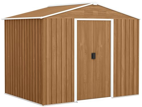 Outsunny Casetta da Giardino 3.6m² in Acciaio Zincato con Prese d'Aria, Capanno da Giardino con Doppia Porta Scorrevole Bloccabile, Tetto Inclinato, Capanno Porta Attrezzi, Marrone Scuro Effetto Legno