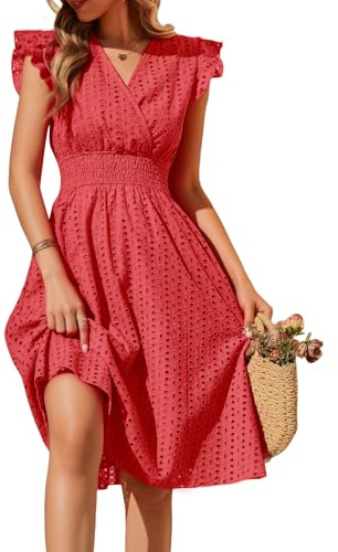 heekpek Robe Ete Femme Mi Longue Coton Col en V Robes Casual Taille Haute Ligne A sans Manche à Volants Robe Boheme Chic Detente Crochet Dentelle Jupe avec Poche