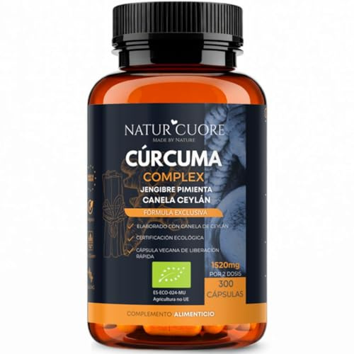 Cúrcuma Orgánica Complex 1520mg con Jengibre, Pimienta Negra y Canela Ceylán – 300 Cápsulas Veganas – Curcumina con Piperina – Alta Potencia – Sin Gluten ni OGM (300)