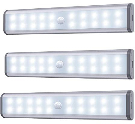 ewegungssensor Schrank Leuchten, 20 LED kabellose Unterschrank Leuchte mit eingebautem Akku, überall aufklebbar Magnetische Nachtbeleuchtung für Küchenschrank (3er Pack)