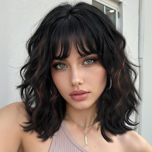 YEESHEDO Nero misto marrone bob parrucca ondulata corta con frangia, parrucche ricciolo naturale per le donne 14 pollici