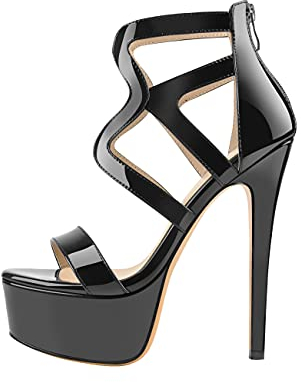 Only maker Damen Riemchensandalen Plateau Stiletto Absatz Sommerschuhe Schwarz Lack High Heels 38 EU