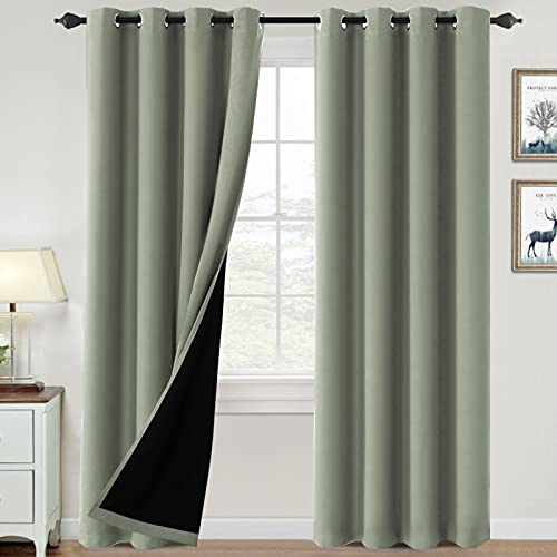 H.VERSAILTEX 100% Blackout Curtains for Bedroom Thermal Insulated Blackout Curtains 84 inch Length Heat and Full Light Blocking Curtains for Living Room with Black Liner 2 Panels Set, Light Sage