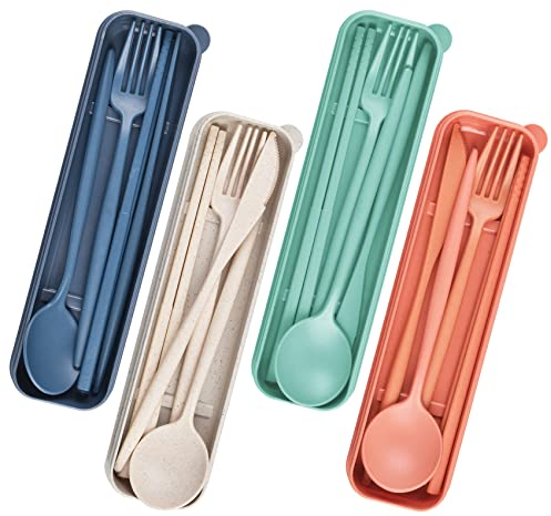 Juego de Cubiertos de Camping, 4 Cubiertos de Plástico Traje con Estuche,Juego de Vajilla de Cuchillo Tenedor Cuchara Palillos Reutilizables,Utensilios Portátiles para Picnic Oficina Uso Diario