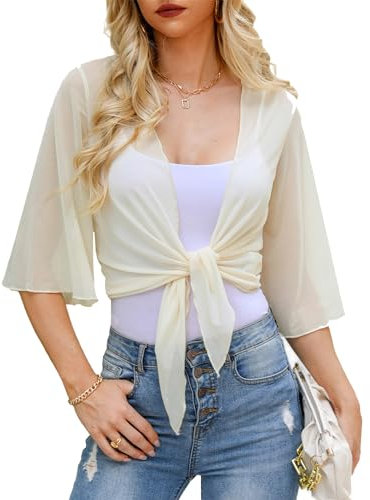 Wayleb Damen Bolero Jacke 3/4 Ärmel Kurz Strickjacke Elegant Festlich Jäckchen Leicht Kurzarm Cardigan Chiffon Bolerojacke für Kleid, Beige L