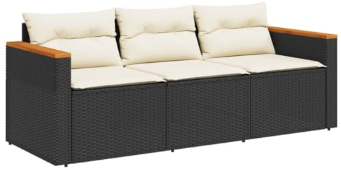 vidaXL Gartensofa 3-Sitzer, Loungesofa Sofa mit mit Kissen, Sitzgruppe Stahlrahmen, Gartenmöbel Lounge Rattanmöbel, Schwarz Poly Rattan