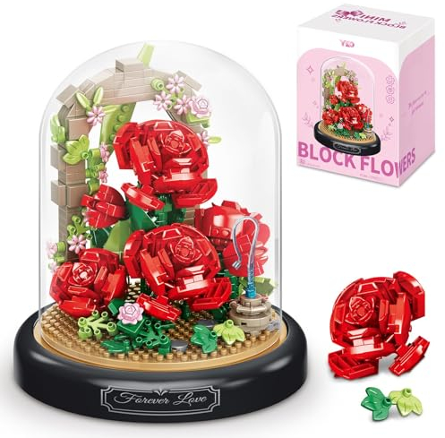 HIGH GODO Blumen Rose Klemmbausteine, 574 Teile mit Schutzhülle Blumenstrauß Flower Bausteine Set, Botanical Collection Geschenk für Erwachsene Lieber Freund oder Kinder ab 10 Jahren, Rot