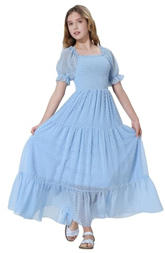 EXARUS Girls Maxi Long Dress Teen Smocked Square Neck Puff Sleeve Swiss Dot