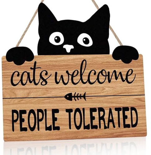 Fililogor Cat Welcome Sign, Wooden Cat Welcome Plaque for Home Kitty Lover, Cats Wooden Sign Wall Signs with Quote Cats Welcome, People Tolerated, Wall Art Door Hanging Decor (Design A)