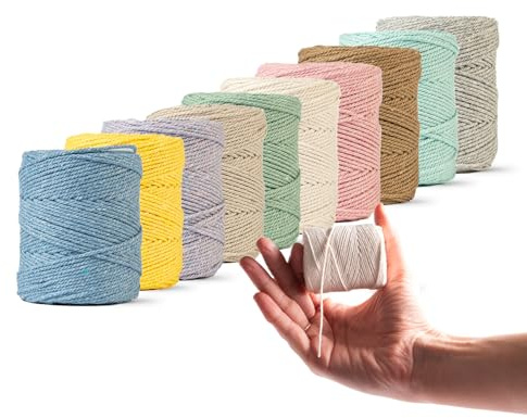 LEDENT Corde à macramé (1mm, 10x65m, Set 10 Couleurs) - Corde à Double Torsion pour macramé en 100% Coton recyclé - Set de 10 Petits Rouleaux aux Tons de Terre
