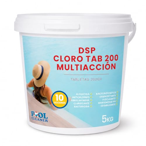 DSP Cloro Tab 200 Multiacción 5KG Pastillas 200gr | Tratamiento Completo para Piscina | Agua Cristalina y Desinfectada | Disolucion Lenta (Cloro 10 Acciones)