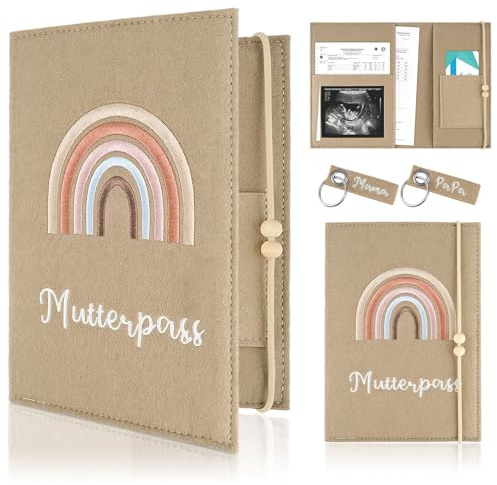 PlsMupn Portadocumentos, Fieltro con 4 Compartimentos, Banda Elástica, Portadocumentos bebé Personalizado con 2 Llaveros, Porta Documentos para Historial Médico & Cartilla de Vacunación - Caqui