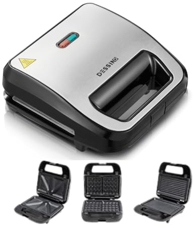 DESSINO -3-i-1 smörgåsmaskin, 3 set med avtagbara plattor non-stick och utbytbara för rostat bröd, panini, mellanmål, lätt att rengöra, kallt beröringshandtag, 750 W, svart