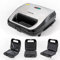 DESSINO Sandwichera 3 en 1, 3 Juegos de Placas Desmontables Antiaherentes e intercambiables para Gofres, Panini y Bocadillos, Fácil limpieza, Asa de Tacto Frío, 750W,Color Negro