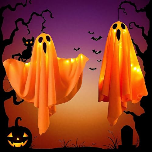 OVOISSTIY 2 Piezas Decoracion Halloween Fantasma, Halloween Fantasmas Colgantes con Luces, Led Luces Halloweens con 3 Modos de Iluminación, para Interior Casa, Jardín, Árbol, Patio(Naranja)