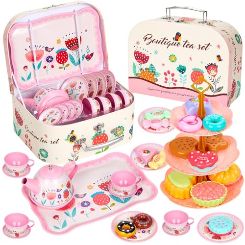 Hovetne 33 PCS Tea Set for Toddlers, Kids Tea Party Pretend Play Toy with Dessert Toy, Plates, Teapot, Childrens Tin Play Sets for Girls Aged 3 4 5 6 7 8, Flower