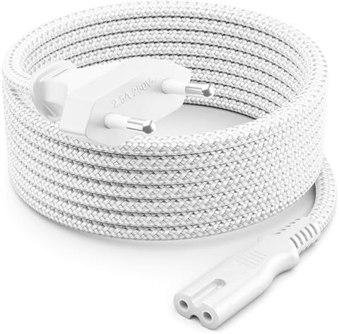 deleyCON 3,0m Cavo di Alimentazione Elettrico Spina Euro Tipo c a C7 (in Nylon) Connettore Piatto 2,5A per Presa C8 TV Soundbar PS4 PS5 Alimentatori Piccoli Elettrodomestici ecc. - Bianco
