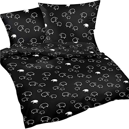 Heubergshop 2.TLG Seersucker Bettwäsche 135x200cm und 80x80cm - Schafe Schwarz - 100% Baumwolle (099/1)