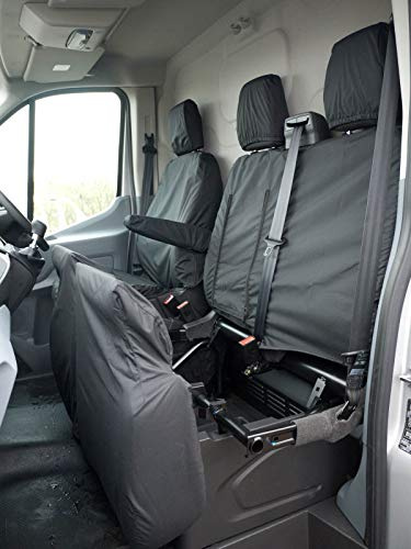 Seat Covers for Ford Transit MK8 2014+ Tailored Fit Heavy Duty Waterproof Black Van Seat Covers for Front Driver With Armrest & Double Passenger Seat and Central Work Tray 600 Denier Polyester