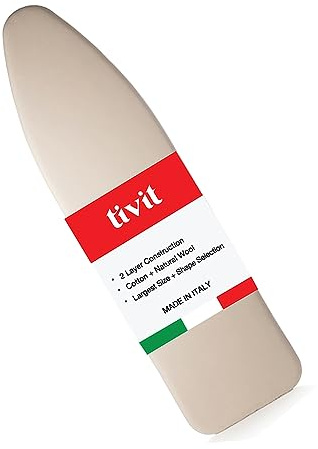 TIVIT Ironing Board Cover 18 x 50 Wide Chemical Free Eco-Friendly Padded Covers - Unbleached, Untreated Natural Cotton & Wool Pad - 2 Layer, 3 Fastener Straps, Pull Bungee Cord - Made in Italy