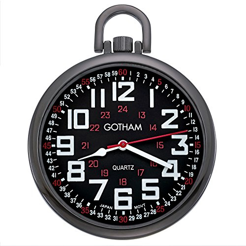 Gotham Men's Gun-Tone Slim Railroad 24 Hour Open Face Quartz Pocket Watch # GWC15029BBK