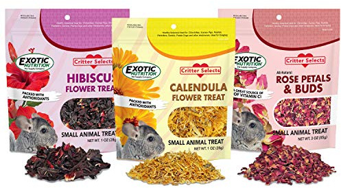 Exotic Nutrition Flower Treat 3 Pack - Healthy Assortment - Hibiscus, Calendula, Rose - for Squirrels, Guinea Pigs, Rabbits, Chinchillas, Prairie Dogs, Degus, Hamster, Gerbils, & Other Herbivores