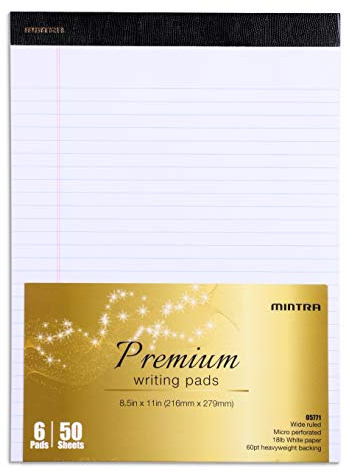 Mintra Office White Legal Pads – Ruled Notepads and Micro-Perforated Sheets, Ideal for Writing, Note-Taking & Creativity, Office, or Professional Use, Premium Pad 6 pack, 8.5x11 (Wide Ruled)