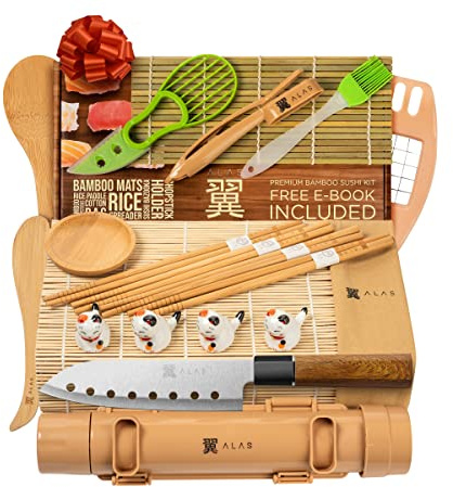 Alas Complete 20 Piece Sushi Making Set - Kit for Beginners & Pros with Knife, 2 Mats, Rice Bazooka and Dipping Plate