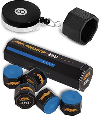 OKKO Kreidehalter für Billardqueue, achteckig, 8 Kugeln, mit Gürtelclip, Schwarz + 1 Röhrchen/5 Stück Predator Kreide