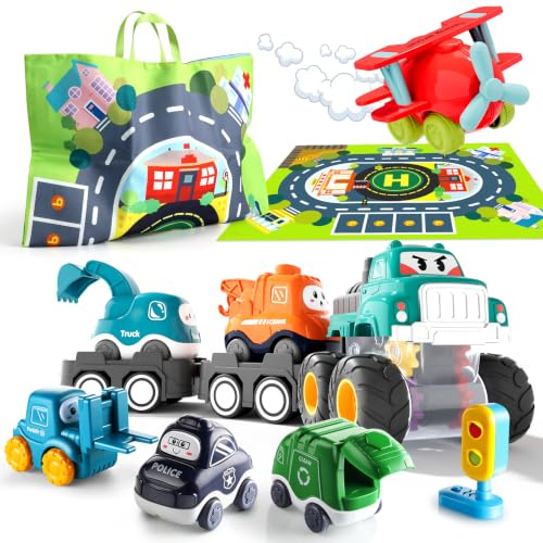 lerrbo 6PCS Toddler Truck Set with Trailer & Light | With Playmat, Traffic Light, Storage Bag, ABS plastic, no Small Parts, Rounded Edges, for Ages 1-3, First Birthday Gift