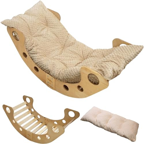 Skyline Balancelles Bascule Enfant Montessori Bebe 1 an Escalade Arche en Bois Mur descalade meble Arc à Grimper Bascule d'équilibre Portique d'escalade avec Coussin L Beige
