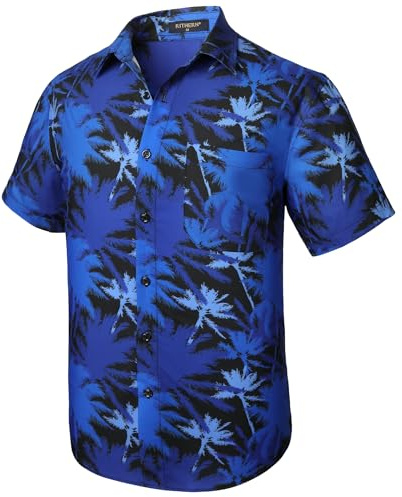 Rithern Camicia Hawaiana Uomo Manica Corta Estiva Camicia Blu Spiaggia Vacanza Foglie Palma Hawaiane Casual da Uomo Button Down M