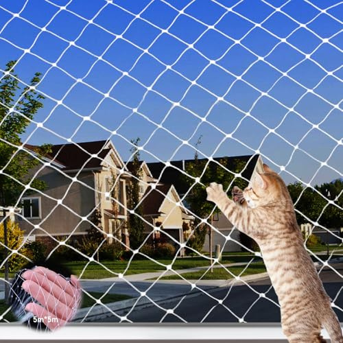 Aicharynic Katzennetz für Balkon, 5 x 5 m Katzenschutznetz Balkonnetz für Katzen 2.5×2.5cm Maschengröße Katzennetz Balkon Ohne Bohren Katzennetz Fenster Geeignet für Balkone Treppen Fenster Terrassen